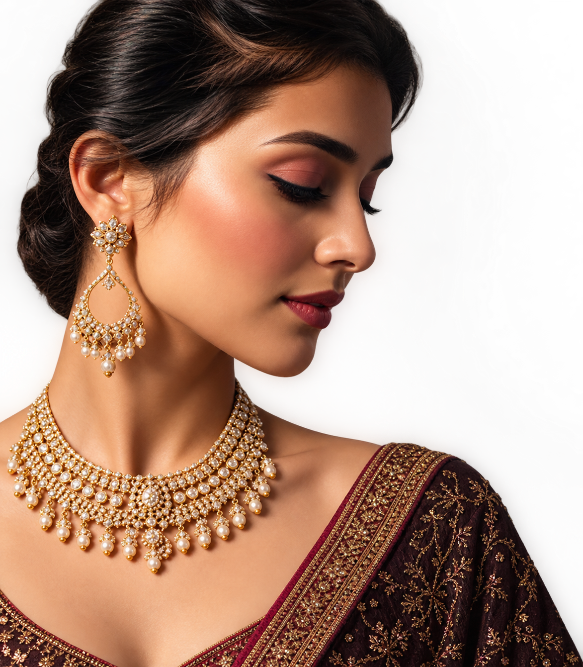 Bride wearing gold and pearl jewellery