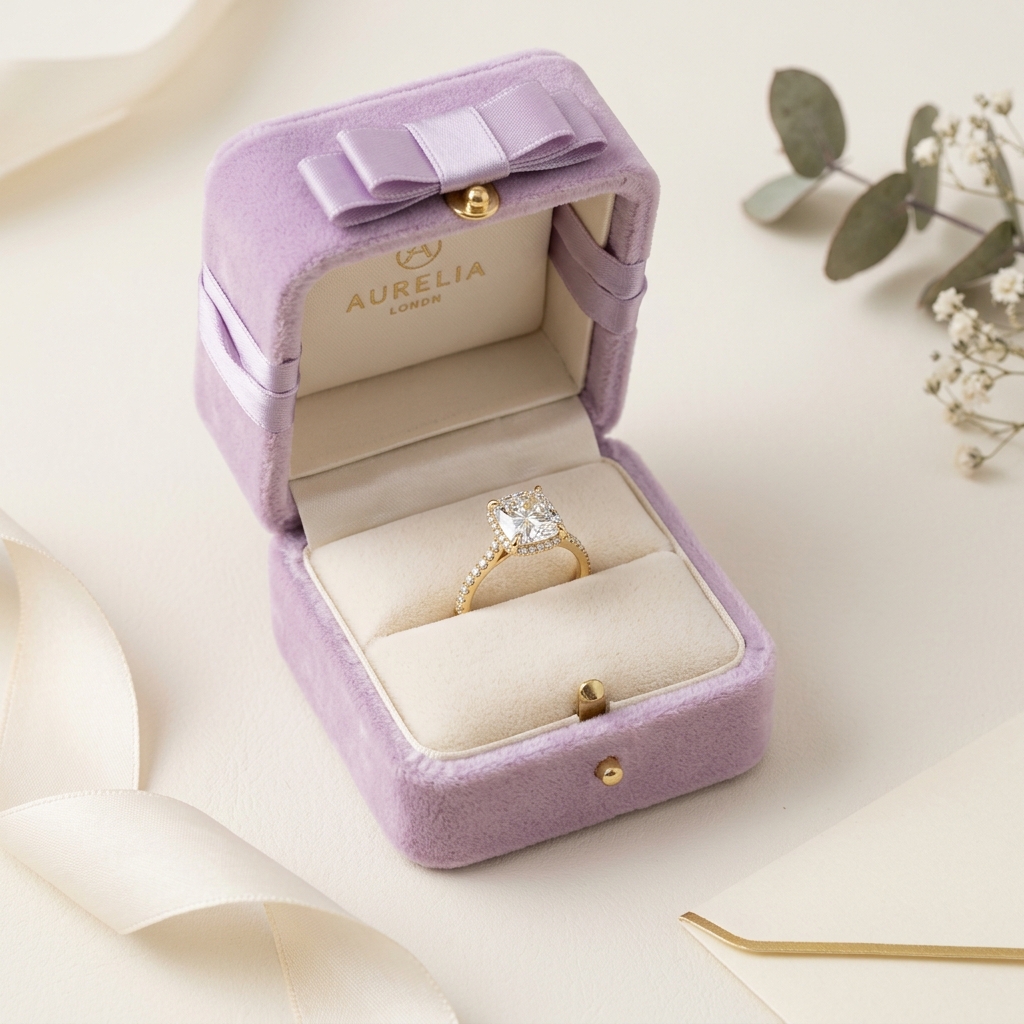 Engagement ring in a lavender velvet box